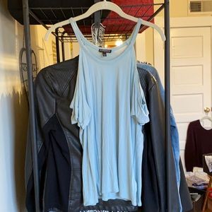 Light blue off the shoulder short sleeve shirt